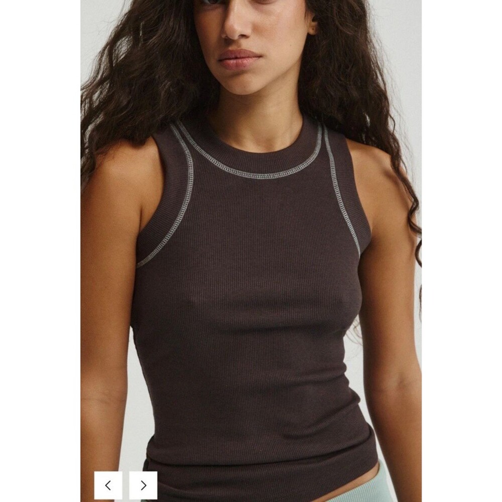 Adanola Women's Overlock Ribbed Tank Top Size Small Coffee Bean Brown Basic Boho